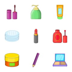 Makeup tool icons set, cartoon style