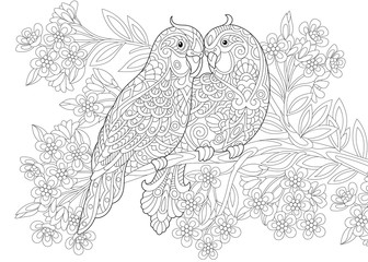 Obraz premium Coloring page of two parrots in love and floral background with flowers. Freehand sketch drawing for Valentine's Day vintage greeting card or adult antistress coloring book.