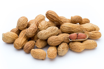 Dried peanuts on the white background.