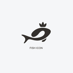 Fish in the crown logo template for design. Icon of seafood restaurant..Animals in a natural environment. Illustration of graphic flat style