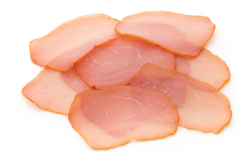 Sliced boiled ham sausage isolated on white background, top view.