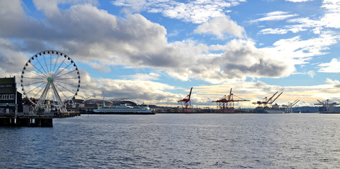 Seattle, Washington. The waterfront skyline at sunset time