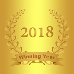 New year greeting card with gold laurel wreath composed of two branches with colorful hearts and stems with a gold ribbon for the 2018 year on a gold background 