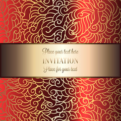 Abstract background with luxury metal gold place for text vintage tracery made of feathers, damask floral wallpaper ornaments, invitation card template, fashion pattern on royal red background