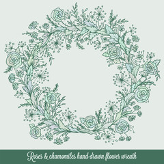Laurel wreath frame with roses, chamomiles and flourishes. Decorative vintage element in engraving style, hand-drawn floral doodle decor for cards or design.