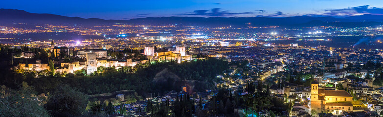 Panorama of Granada  at dusk including Alhambra and Albaicin Quarter