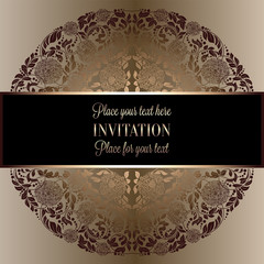 Baroque background with antique, luxury black and gold vintage frame, victorian banner, damask floral wallpaper ornaments, invitation card, baroque style booklet, fashion pattern, template for design