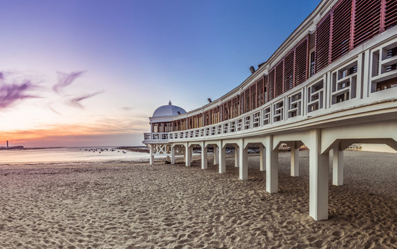 Cadiz beach during sunset. Impressive panoramic view along the old seaside resort. Spain / Andalusia
