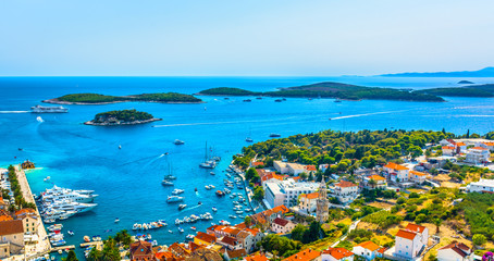 Paklinski Islands summer panorama. / Aerial panoramic view at Paklinski Islands in front of town Hvar, Croatia, famous travel european places. - obrazy, fototapety, plakaty