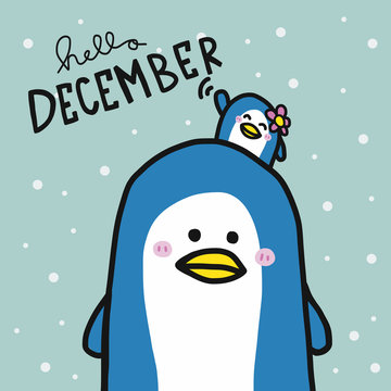 Hello December cute couple penguin lover cartoon vector illustration doodle style
