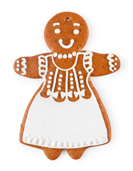 Gingerbread in the form of female - Christmas homemade sweet cookie, isolated on white background