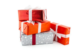 Many gift box white ribbon isolated on white background, using for christmas and new year or...