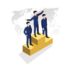 isometric illustration, the best manager, men in business suits stand on the pedestal