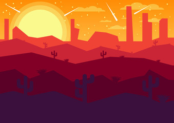 Obraz premium vector Illustrator flat landscape desert night with comets