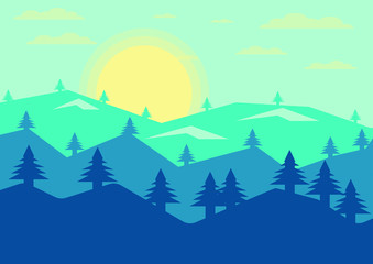 Abstract Landscape pine mountain view evening sun background. vector Illustrator