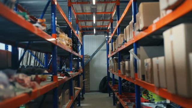 Neats rows shelves racks distribution cold storage warehouse interior store goods storehouse nobody rack boxes commercial delivery ware business entrepreneur collection entrepot back backward moving