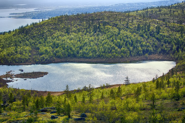 Beautiful views of river valley. Mountain tundra of Lapland