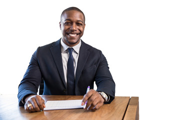 Charming cheerful smiling financial bank sales loan representative for money management at desk with suit