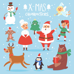 Fototapeta premium Christmas vector characters cute cartoon Santa Claus, snowman, Rreindeer, Xmas bear, Santa wife, dog New Year symbol, elf child boy and penguin individual characteristics illustration
