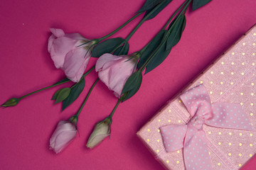 flowers and gift, pink background