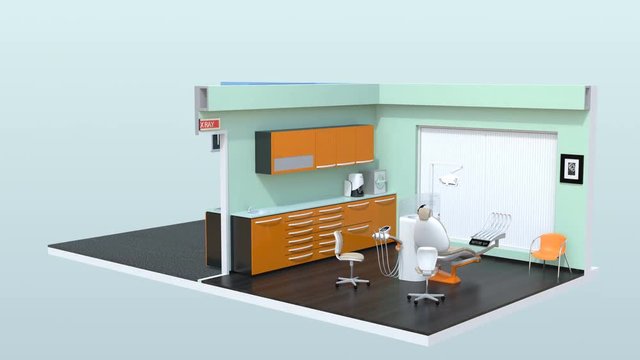 Dental clinic interior with patient chair, Con-Beam CT, CADCAM and cabinet system. 3D rendering animation.