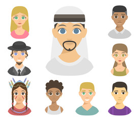 Cool avatars different nations people portraits ethnicity different skin tones ethnic affiliation and hair styles vector illustration.