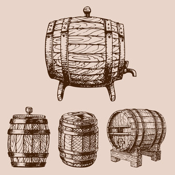 Wooden barrel vintage old hand drawn sketch storage container liquid beverage fermenting distillery cargo drum lager vector illustration.