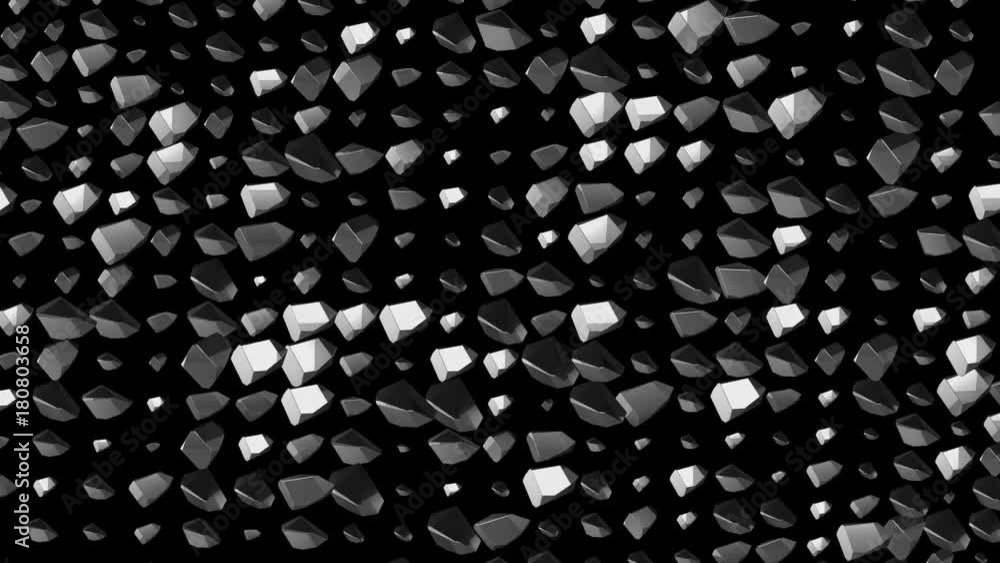 Poster heterogeneous array of rotating particles. cinematographic industrial background. 3d animation. seam