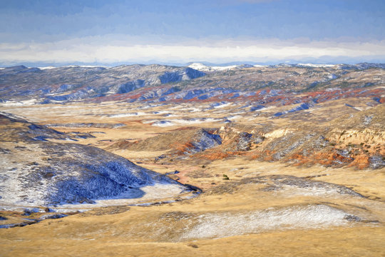 winter vista of Red Mountain Open Space with digital painting effect