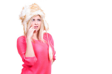 Attractive woman wearing furry winter hat