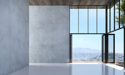 The empty lounge and modern living room and concrete wall texture and sea view