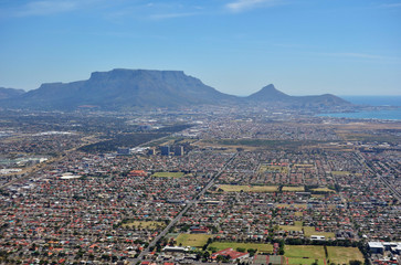 Aerial view of Cape Town in South Africa with the Table Mountain in the background
