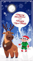 Christmas Characters In Winter Forest Happy New Year Poster Design Flat Vector Illustratiion