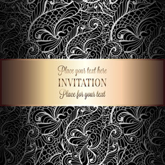 Romantic background with antique, luxury gray, black and metal silver vintage frame, victorian banner, intricate exquisite rococo wallpaper ornaments, invitation card, baroque style booklet, gothic