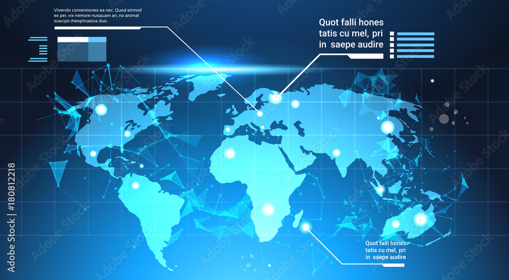 Poster world map background, set of computer futuristic infographic elements tech template charts and graph