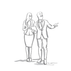 Silhouette Business Man and Woman Talking, Businessman Point Finger To Copy Space Sketch Businesspeople Couple Vector Illustration