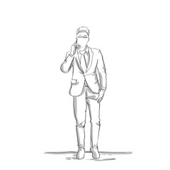Business Man Sketch Talking On Phone Conversation Silhouette Businessman In Suit Full Length Male On White Background Vector Illustration