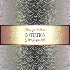 Vector abstract wavy invitation card with geometrical fish scale layout. Silver grey tracery on a gray background. Fan shaped stylized ocean waves. Fish scales with decorative flowers