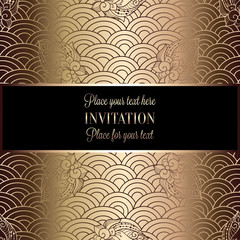 Vector abstract wavy invitation card with geometrical fish scale layout. Rich gold and beige tracery background. Fan shaped stylized ocean waves. Fish scales with decorative flowers