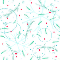 Seamless Christmas pattern with decorated conifer branches, stars and snowflakes