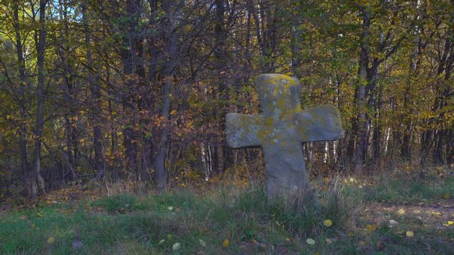 old stone cross at the crossroads in the forest. historical value in the museum of ukraine pirogovo 4k