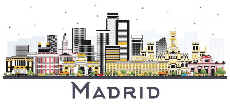 Madrid Spain Skyline with Gray Buildings Isolated on White Background.