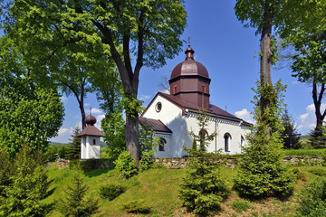 Ancient greek catholic church in Myscowa village near Krempna, Beskid Niski, Poland - obrazy, fototapety, plakaty