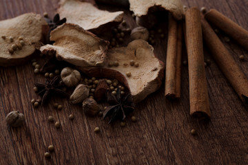 Chinese herbal medicine isolated in wood background