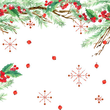 watercolor Christmas background. winter holidays background. Wish Merry Christmas text. watercolor illustration Christmas tree, mistletoe branch, mistletoe berry, snowflake.