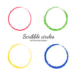 Set of vector hand drawn circles in sketch drawing scribble style. Doodle circular logo elements.