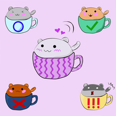 cats with emotions in circles stickers set