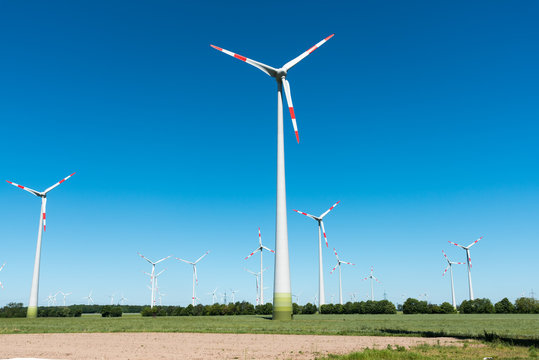 Wind power plant in the fields seen in rural Germany