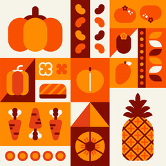 Collage of orange vegetable and fruit mosaic vector flat design illustration set 