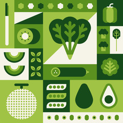 Collage of green vegetable and fruit mosaic vector flat design illustration set 